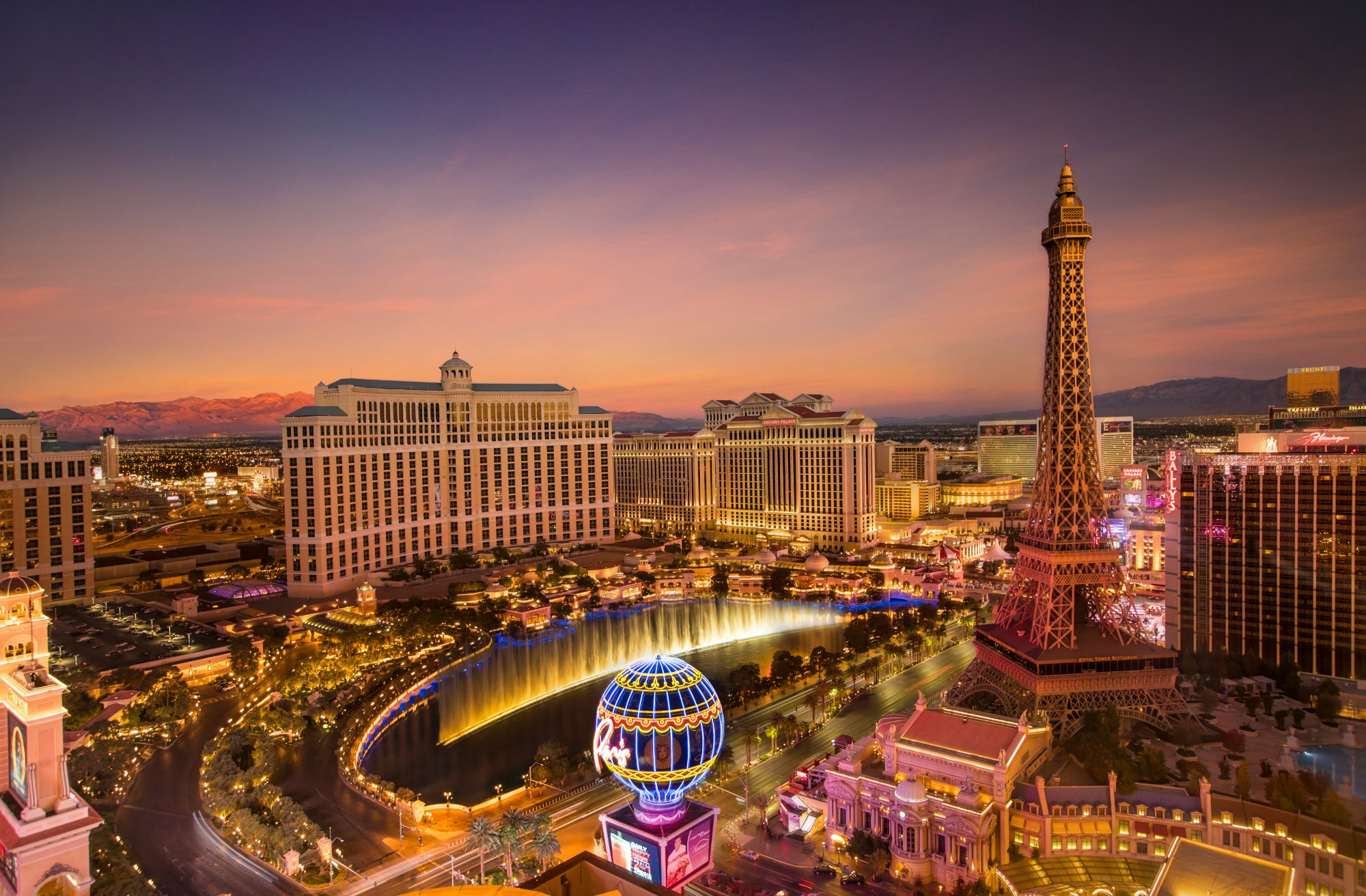 Las Vegas Strip aerial view at golden hour with the Bellagio fountains